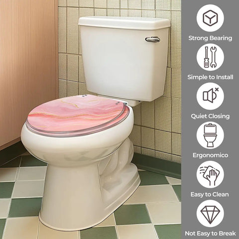Round Resin Toilet Seat for Bathroom in pink marble design, installed on a modern toilet, demonstrating installation ease.