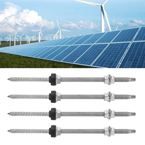 Built Tough Stainless Steel Double Ended Bolts For Solar Panel Arrays Rock Solid PV Rack Hardware And Locking Fasteners Four piece kit displayed with solar panels.
