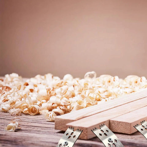 Six Piece Slab Clamping Dogs For Woodworking Pros Carpenters And DIYers Bench Dog Hold Down Clamps shown with wood shavings on bench