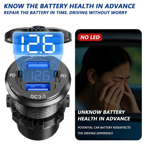 Dual PD USB C And Quick Charge 3.0 Car Charger Socket Heavy Duty Aluminum Alloy with digital volt reader for battery health.