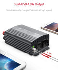 Hella Reliable 500W Power Inverter Converts DC 12V To AC 110V With Dual Wall Outlets And Dual USB Quick Charge Ports, showing dual USB charging ports.