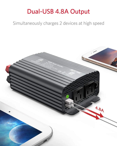 Hella Reliable 500W Power Inverter Converts DC 12V To AC 110V With Dual Wall Outlets And Dual USB Quick Charge Ports, showing dual USB charging ports.