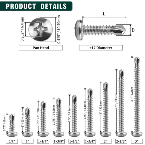 Rock Solid Size Twelve X Three Quarter Pan Head Self Drilling Screws Cut From Heavy Duty Stainless Steel With Phillips Drive Great For Sheet Metal Fencing And Truck Trailer Repairs Pack Of Fifty detailed dimensions and design features.