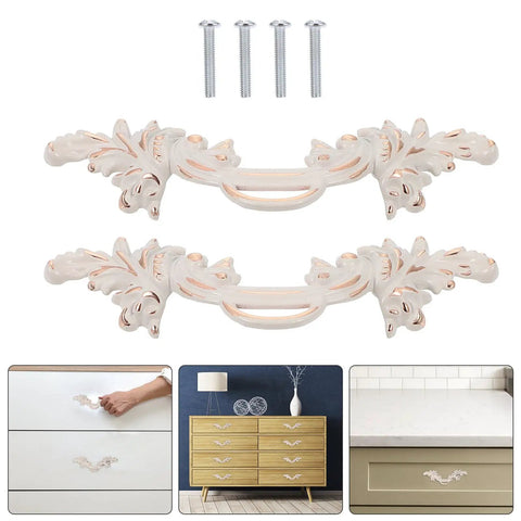 European Style Vintage Cabinet Pull Handles Set, Ivory White Zinc Alloy Drawer and Wardrobe Door Pulls, 2 Pieces