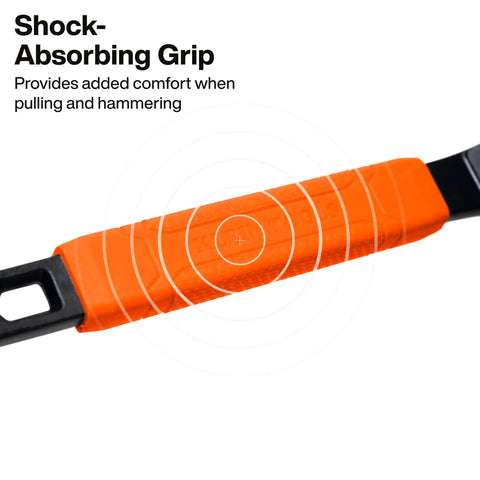 10-Inch Molding Bar With Integrated Nail Dimpler featuring an orange shock absorbing grip for comfort while pulling and hammering.