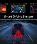 Image showing 4K 3 Channel Dash Cam With Front Rear And Interior Cameras, Smart Driving System features on a road with alerts displayed.