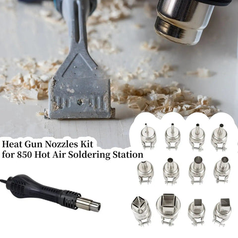 Heat Proof Nozzles Kit For 850 Hot Air Soldering Station 12 Piece Set shown with round and square nozzle tips on a surface