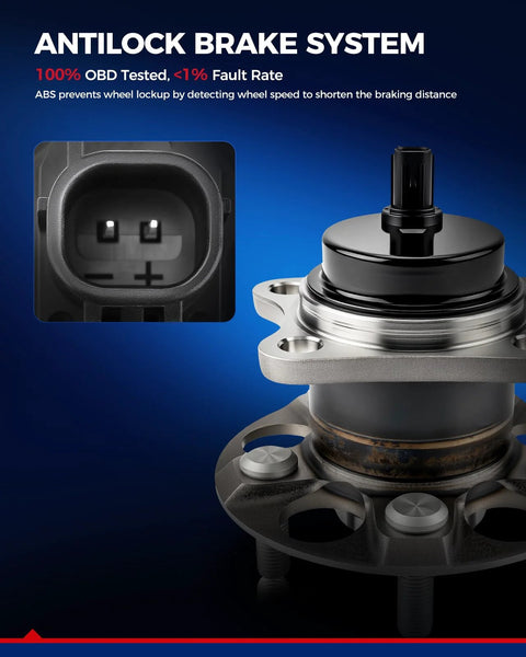 Rear Wheel Bearing And Hub Assembly For Toyota Prius 2010 2011 2012 2013 2014 2015 With Five Lug And ABS Fits Prius Plug In 2012 2013 2014 2015 Replaces 42450 47040 HA590373 Carbon Steel Forged For Smooth Rides, close-up on ABS connection and hub details.