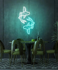 Koi Fish Neon Sign Ice Blue And White LED Light Art, 14 Inch Acrylic Flex Neon glowing on dining room wall above table