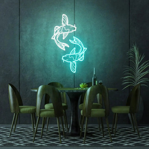 Koi Fish Neon Sign Ice Blue And White LED Light Art, 14 Inch Acrylic Flex Neon glowing on dining room wall above table