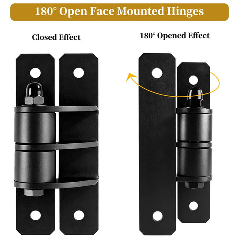 Beefy 7 Inch Heavy Duty Gate Hinges With 1100 Lbs Capacity for Farm Gates showing closed and 180 degree opened effect view.