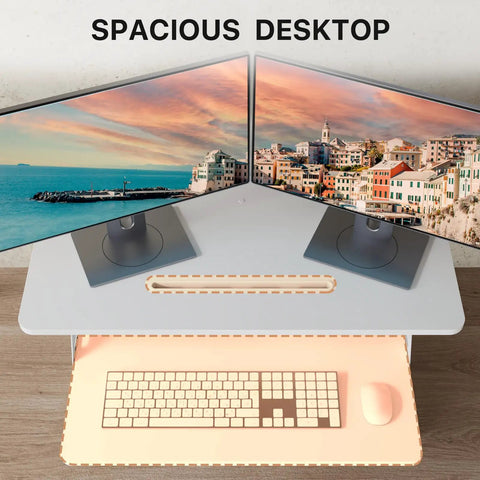 32 Inch Standing Desk Converter Sit Stand Riser With Keyboard Tray for dual monitor setup, white particle board