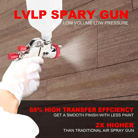 R700 LVLP Air Spray Gun With 1.8mm Nozzle Gravity Feed Paint Sprayer in use on a wooden surface, demonstrating high efficiency