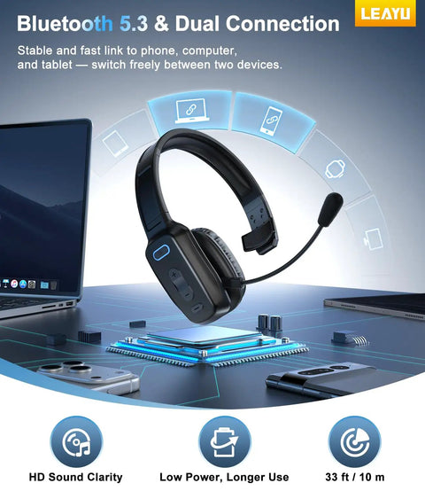 60 Hour AI Noise Canceling Bluetooth Wireless Headset With Mic For Trucks And Office Use, Single Ear Trucker Style Headset.