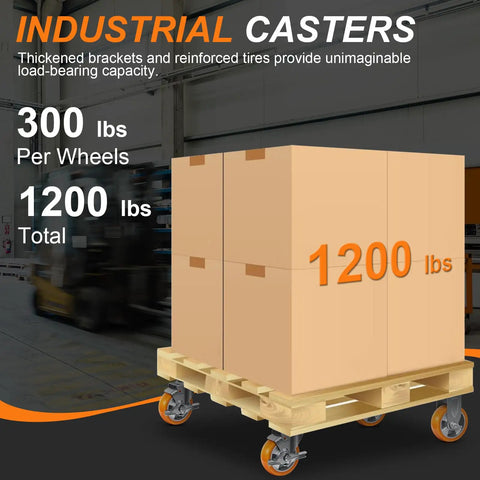 Badass Heavy Duty 4 Inch Swivel Caster Wheels Set Of Four With Aluminum Core And Sweet Rolling Polyurethane Treads For Quiet Non Marking Cart Or Workbench Upgrades At 1200 Pounds on a pallet with cardboard boxes.