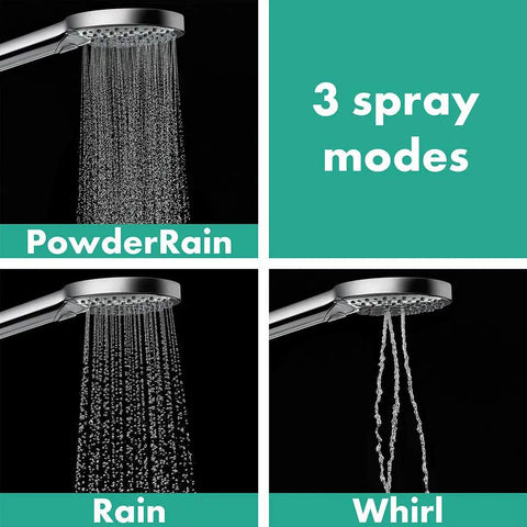 Three spray modes of the 5-Inch Low Flow Handheld Shower Head With Three Spray Modes PowderRain Rain Whirl EcoRight Water-Saving Tech