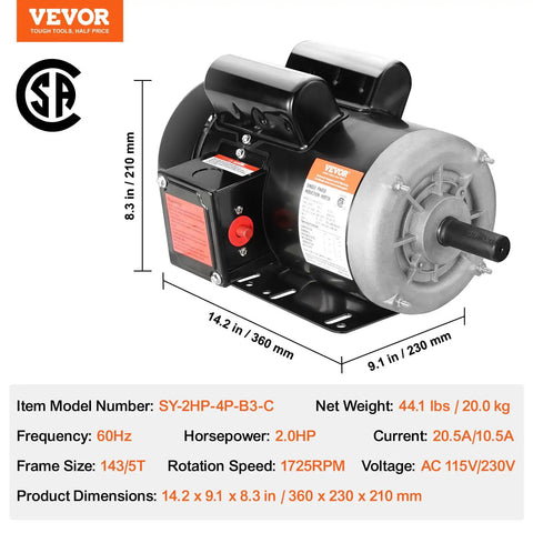 Beefy 2HP Single Phase Electric Motor For Air Compressors And General Machinery, 1725 RPM, Dual Voltage, Frame 143/5T