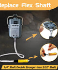 Beefy 1000W 30,000 RPM Flex Shaft Rotary Tool with One Quarter Inch Shaft shown with interchangeable parts and hanging motor