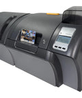 Solid Workhorse Dual-Sided ID Card Printer With Built-In Laminator And USB LAN Connectivity For Crisp CR-80 Results At 300 DPI in grey.
