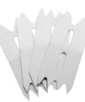 Set of five replacement utility blades in silver steel, showing precise edges and slots.