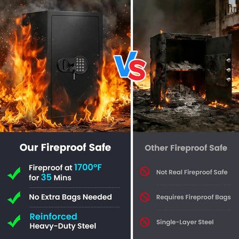 Comparison of 7.5 Cubic Feet Fireproof Safe With Digital Keypad against damaged safe, showing UL-Certified 1700°F protection.