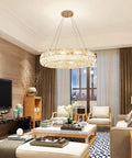 Curved Crystal Ceiling Pendant Light Ring LED Lamp Modern Home Decor warm glow above sectional sofa in stylish living room.