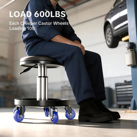 Six Pack Heavy Duty Caster Wheels For Mechanic Creepers with blue swivel wheels on workshop stool loaded 600lbs.