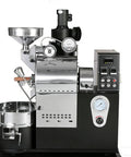 Front view of Commercial Coffee Roaster With Drum Roasting System, Digital Control, And Cooling Tray For Coffee Shops And Small Batch Roasteries.