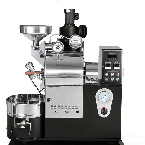 Front view of Commercial Coffee Roaster With Drum Roasting System, Digital Control, And Cooling Tray For Coffee Shops And Small Batch Roasteries.