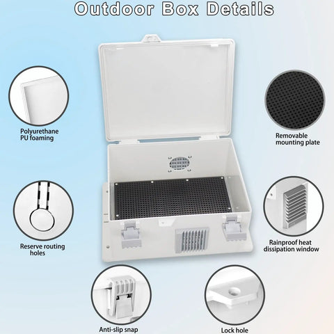 Open Rugged Outdoor Electrical Junction Box With Vented Design, showcasing internal mounting panel and heat dissipation features.