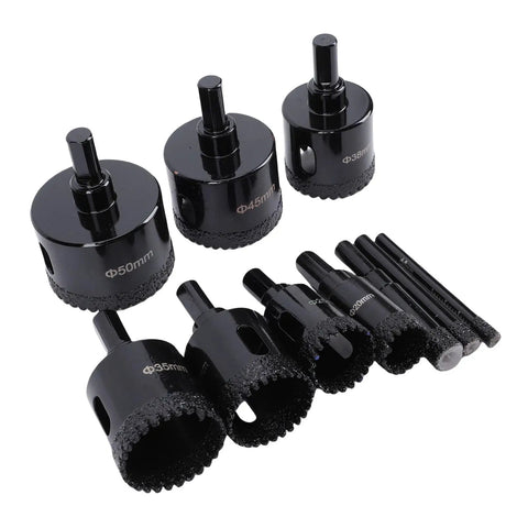 Jiawu Heavy Duty Serrated Hole Saw Kit For Tough Ceramic Glass Tile Marble Gypsum. Brazed Carbon Steel With Thick Carborundum Coating Makes These Power Drill Bits Totally Sick For Fast Boring And Heavy DIY Projects That Need Real Durability And Serious. 10-piece set with sizes 20mm to 50mm