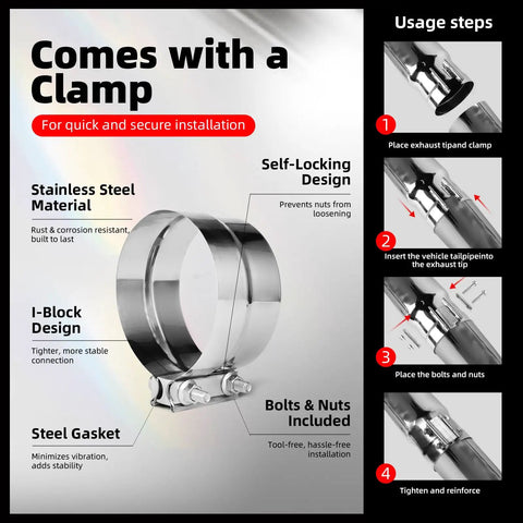 5 Inch Diesel Exhaust Tip Elbow With Clamps, installation guide and features, chrome polished, rust-resistant material.
