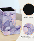 Pencil Holder With Phone Stand And Eyeglasses Organizer Desktop Desk Or Nightstand Organizer In Lilac Marble with velvet interior.