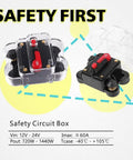 Safety circuit box for Eight Gang LED Car Switch Panel With Touch Button Relay System for Trucks Boats UTVs Marine and SUVs DC 12 24V Zinc Alloy Panel ABS Case 1200W Max Output 60A Overload Protection with label stickers.