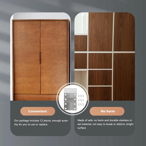 12 Pack Stainless Steel Straight Brackets for Furniture shown with wooden cabinets highlighting burr free edges.