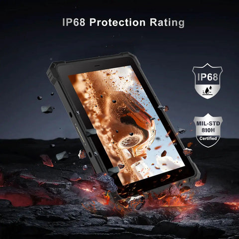 Tough As Nails 8 Inch Rugged Tablet Running Windows 11 Pro With Built In Gps Navigation Heavy Duty Construction IP68 protection shown.