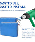 Blue PVC Battery Wrap Heat Shrink Tube For 18650 21700 26650 Lithium Cells And DIY Battery Packs Flat Width 3.9in 100mm Length 9.9ft 3m Heavy Duty Protection And Insulation For Your Builds. Shown shrinking on battery pack with heat gun