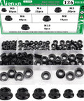 Hex Flange Nuts Set Kit 136 Piece Six Metric Sizes Black Carbon Steel Zinc Plated Assortment in plastic case