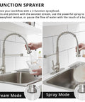 2-function sprayer of Built Tight Single Handle Pull Down Kitchen Faucet With Brushed Nickel Stainless Steel Finish and Broad Deck Plate in use.