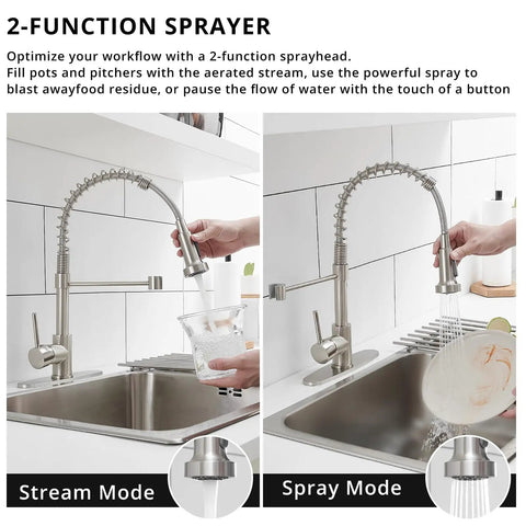 2-function sprayer of Built Tight Single Handle Pull Down Kitchen Faucet With Brushed Nickel Stainless Steel Finish and Broad Deck Plate in use.