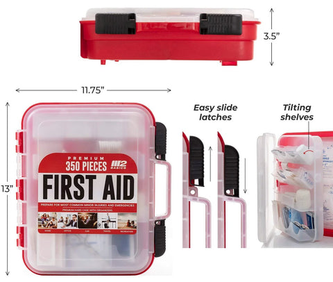 Front view of M2 BASICS 350-Piece First Aid Kit in red wall-mountable dual-layer hard case with clear lid