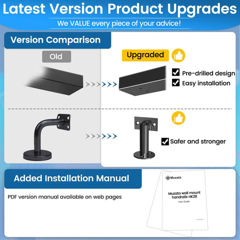 Version comparison of Bulletproof Stainless Steel Stair Handrail Ten Foot Wall Mount With No Sweat Setup showing upgrades and installation manual.