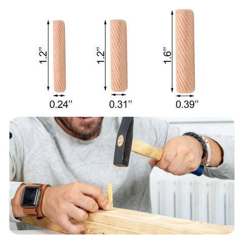 21 Pieces Hardwood Grooved Wooden Dowels Assorted Sizes M6 M8 M10 6mm 8mm 10mm For Furniture Woodwork, shown in use with hammer.