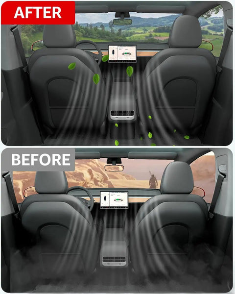 Before and after image of Tesla Model 3/Y HEPA cabin air filter with activated carbon installed, showing improved air quality.
