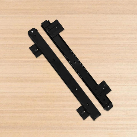 Heavy Duty Keyboard Tray Slide Rail For Computer Desk Runs Slick As Butter With Premium Glide Track Drawer Guide For Daily Typing And Solid Home Office Setup black steel glide rail kit on wooden background.
