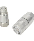 Grab This Beefy Pair Of 1/4 Inch NPT Flat Face Hydraulic Quick Couplers Made Tough Carbon Steel For High Pressure Worksite Rigging Rated 5076 PSI Boss Mode With Dust Caps To Lock And Seal Like A Pro On Any Job Site Grind. 1/4 NPT flat face hydraulic coupler pair, steel