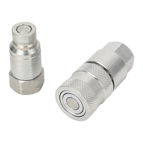 Grab This Beefy Pair Of 1/4 Inch NPT Flat Face Hydraulic Quick Couplers Made Tough Carbon Steel For High Pressure Worksite Rigging Rated 5076 PSI Boss Mode With Dust Caps To Lock And Seal Like A Pro On Any Job Site Grind. 1/4 NPT flat face hydraulic coupler pair, steel