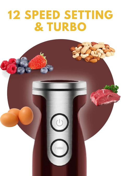 Powerful 12 Speed Immersion Blender With Durable Stainless Steel Blades For Smooth Soups And Thick Shakes featuring control buttons and assorted ingredients.