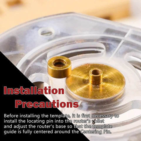 Close-up of Inlay Bushing Kit 9500 Replacement For Solid Brass Router Inlay Kit installation with centering pin on router base.