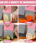Front view of pink-handled stainless steel crinkle cutter slicing potato into crinkle-cut sticks
Side view of pink-handled stainless steel crinkle cutter slicing carrot into wavy sticks
Front view of pink-handled stainless steel crinkle cutter slicing cucumber into crinkle-cut slices
Front view of pink-handled stainless steel crinkle cutter slicing lotus root into crinkle-cut rounds